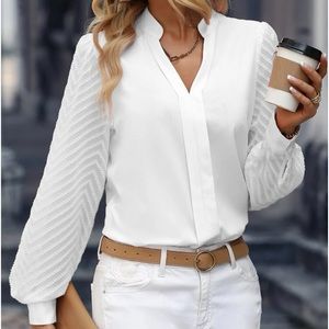New white notched neck long sleeve top